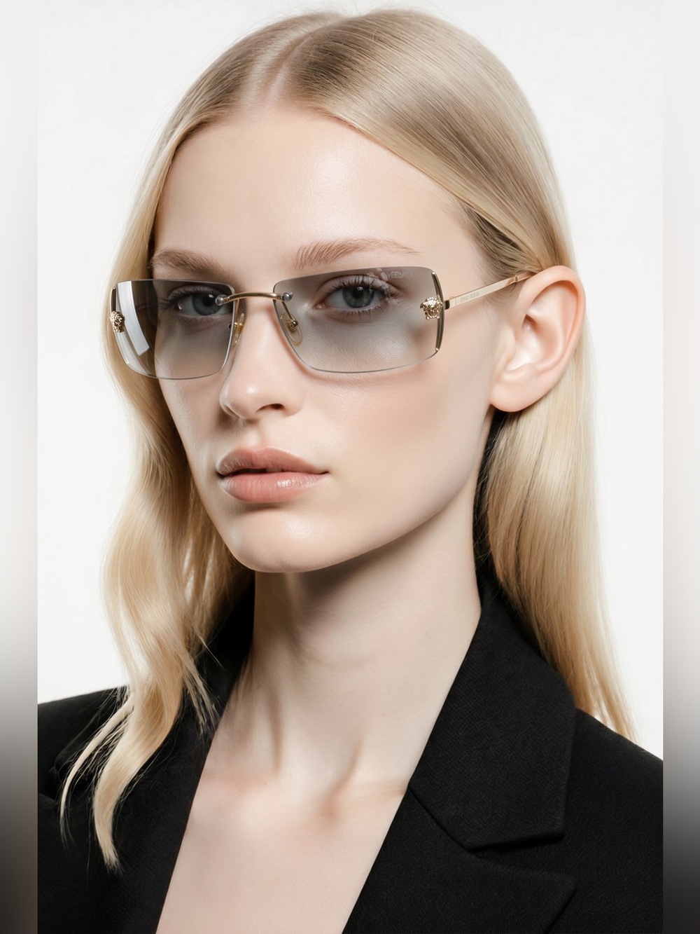 Versace Gold Rimless Sunglasses with Gray Gradient Lenses